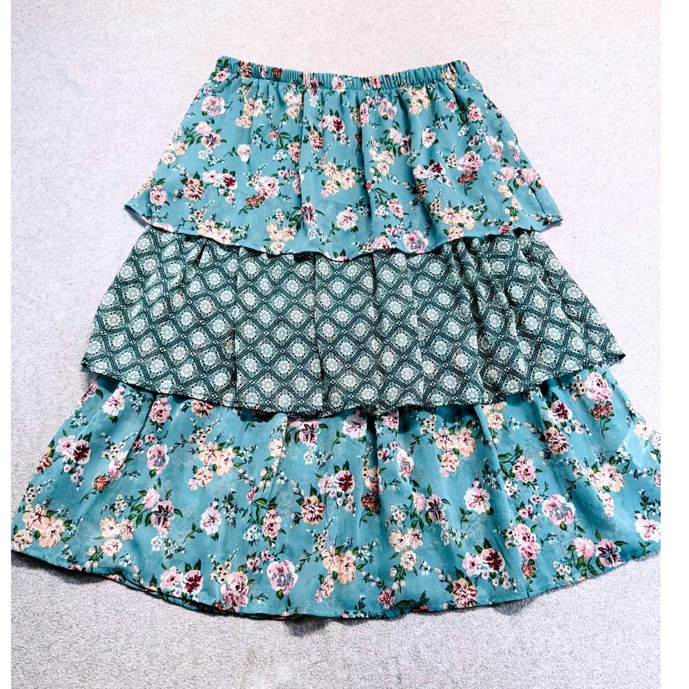 Susan Barry Tiered Ruffle Skirt Womens Small Blue‎ Floral Cottagecore Midi Boho